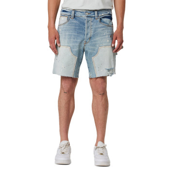 Custom denim shorts distressed wash cargo jorts with splatter print cut edges double knee shorts