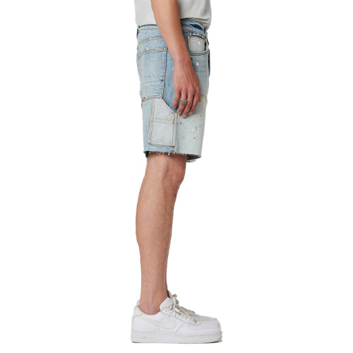 Custom Logo OEM distressed wash cargo jorts with splatter print cut edges double knee shorts denim