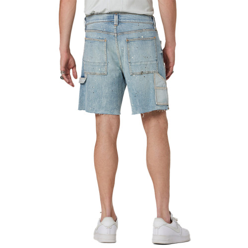 Custom Logo OEM distressed wash cargo jorts with splatter print cut edges double knee shorts denim