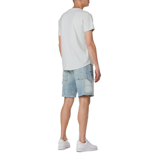 Custom Logo OEM distressed wash cargo jorts with splatter print cut edges double knee shorts denim