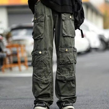 Custom men's pants multi-pocket button loose wide leg slacks hip hop vintage design cargo pants