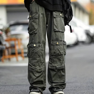 Custom men's multi-pocket button loose wide leg slacks hip hop vintage design cargo pants
