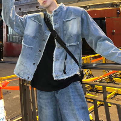 Custom mens jacket street style trend standing collar denim jackets vintage wash Men's denim jackets