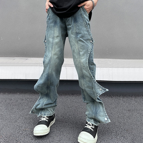 Custom Men's trendy bat wing pants Hip Hop loose straight irregular design Jeans