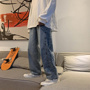 Custom cashew flower design loose trend jeans pants Men's straight drawstring trousers