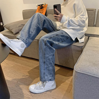 Custom denim pants cashew flower design loose trend jeans pants Men's straight drawstring trousers