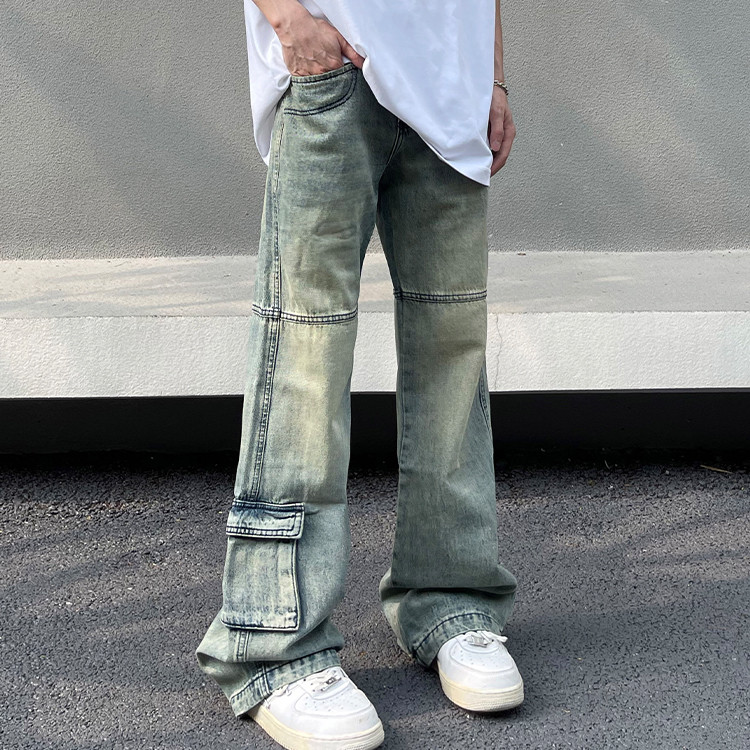 men's straight denim washed cargo jeans 