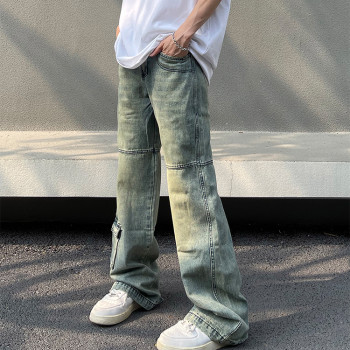 Custom men's pants straight denim washed cargo jeans pants big pocket in side decoration man jeans