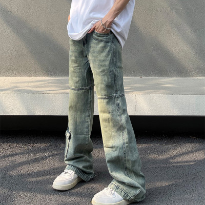 Custom men's straight denim washed cargo jeans pants big pocket in side decoration man jeans