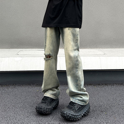 Custom designer mens jeans fashion vintage streetwear ripped loose casual trousers jeans