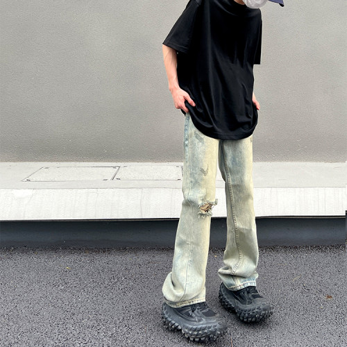 Custom designer mens jeans fashion vintage streetwear ripped loose casual trousers jeans