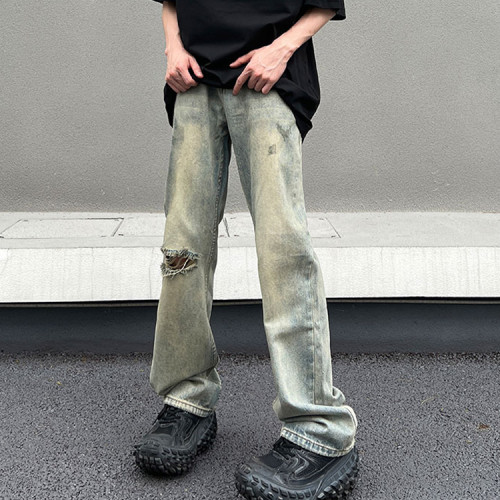 Custom designer mens jeans fashion vintage streetwear ripped loose casual trousers jeans