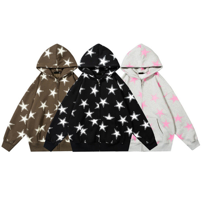 Custom stars logo oversized hoodies thick OEM high quality wholesale digital printed zip-up hoodies