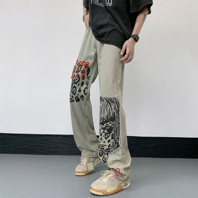 Custom high street jeans men's retro slim straight leg versatile wide leg dgt print pants trend