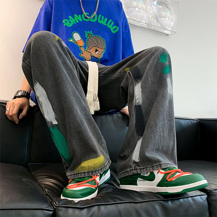 Custom hip hop jeans men's slim straight elastic waistband wide leg paint DGT printed trend pants