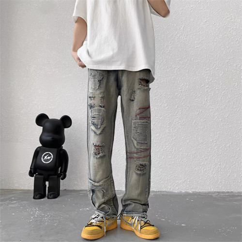 Pants manufacturer | Men's ripped pants | Street patch pants | High quality embroidered denim pants