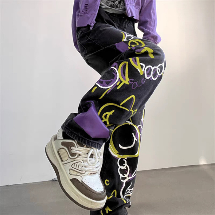 Custom new graffiti high quality jeans pants sub loose straight wide leg trend denim jeans
