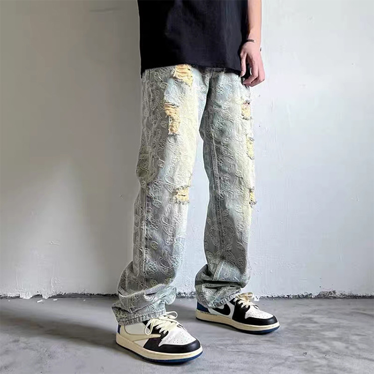men's stacked Jeans Laser printed vintage ditress washed