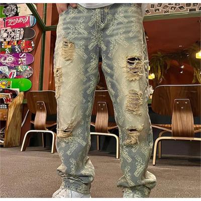 Custom men's stacked Jeans Laser printed vintage ditress washed men's cotton denim Jeans pants