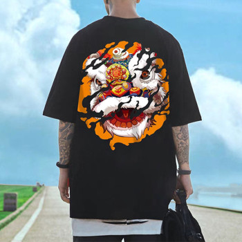 Custom Summer Chinese style trend lion head print tshirt men loose oversized comfortable half sleeve