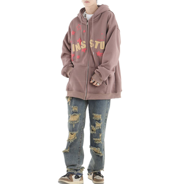 Custom winter warm heavyweight cotton fleece men's hoodie high quality puff print zipper hoodie