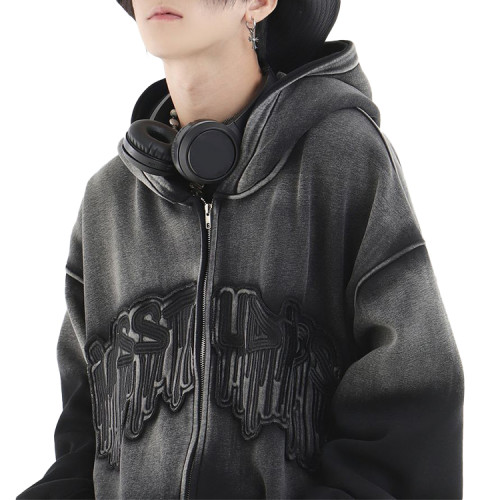 Hoodies manufacturer | Mens winter thicken hoodie | Street wash hoodie | Patch embroidery zip hoodie