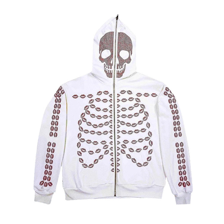  bones rhinestone full zip street style cotton hoodies