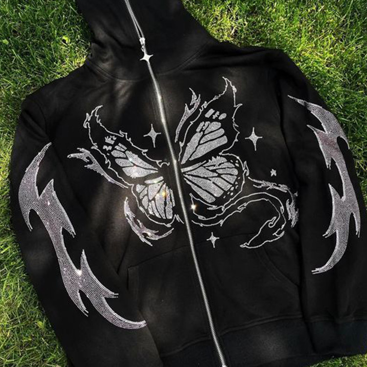 bones rhinestone full zip street style cotton hoodies
