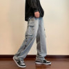 Custom streetwear vintage washed straight leg zipper cuff pants hip hop cargo denim jeans