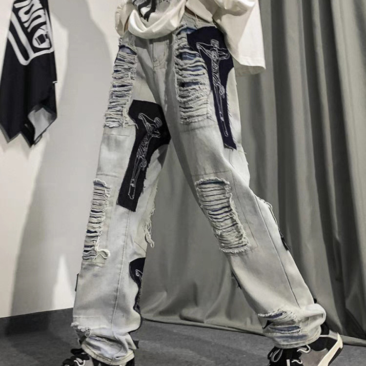 Custom applique embroidery design mens baggy jeans 