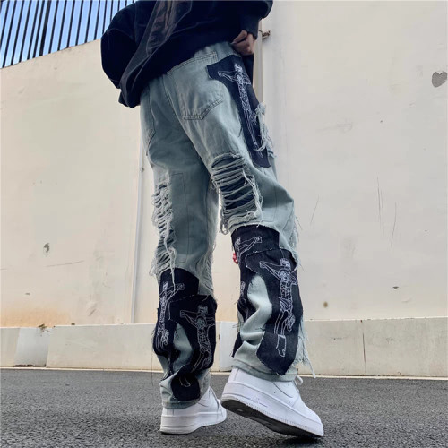 Pants manufacturer | Applique embroidery pants | Mens washed denim pants | Street ripped pants