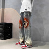 Custom new fashion fire flame graffiti men straight loose high street denim pants high quality jeans