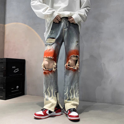 Custom new fashion fire flame graffiti men straight loose high street denim pants high quality jeans