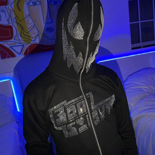 Hoodies manufacturer | Men's rhinestone hoodies | Full wrap zipper hoodie | Black street hoodies