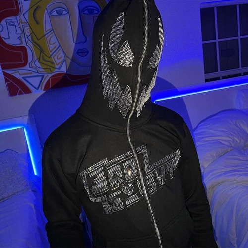 Hoodies manufacturer | Men's rhinestone hoodies | Full wrap zipper hoodie | Black street hoodies