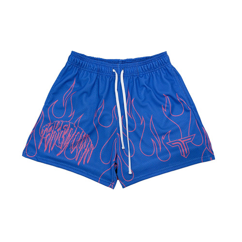 Custom flame logo double layer summer sports basketball shorts polyester mesh quick dry men's shorts