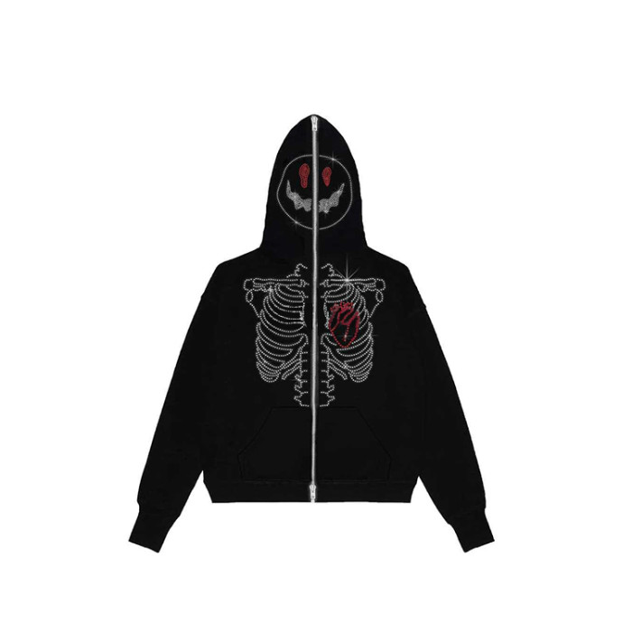 Wholesale Rhinestone Skull Logo Color Casual Sweatshirts Puff Print Custom Logo Printed Cotton Blank Hoodie For Men