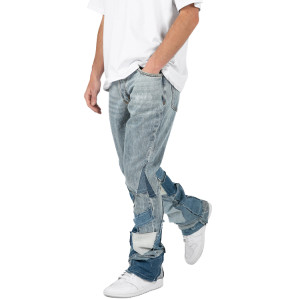 Pants manufacturer | Men's baggy straight pants | Street patchwork pants | Blue denim wash pants