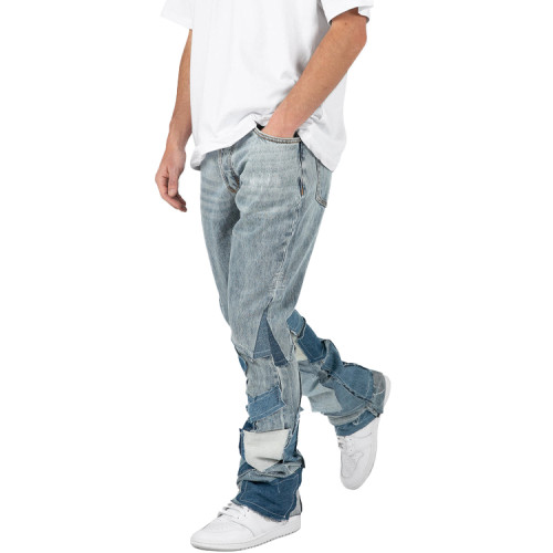 Pants manufacturer | Men's baggy straight pants | Street patchwork pants | Blue denim wash pants