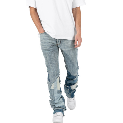 Pants manufacturer | Men's baggy straight pants | Street patchwork pants | Blue denim wash pants