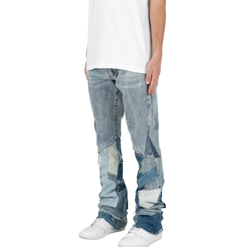 Pants manufacturer | Men's baggy straight pants | Street patchwork pants | Blue denim wash pants