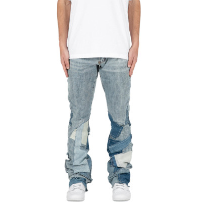 Pants manufacturer | Men's baggy straight pants | Street patchwork pants | Blue denim wash pants