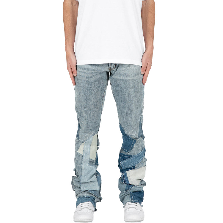 contrast fabric patch bottom trouser stacked jeans
