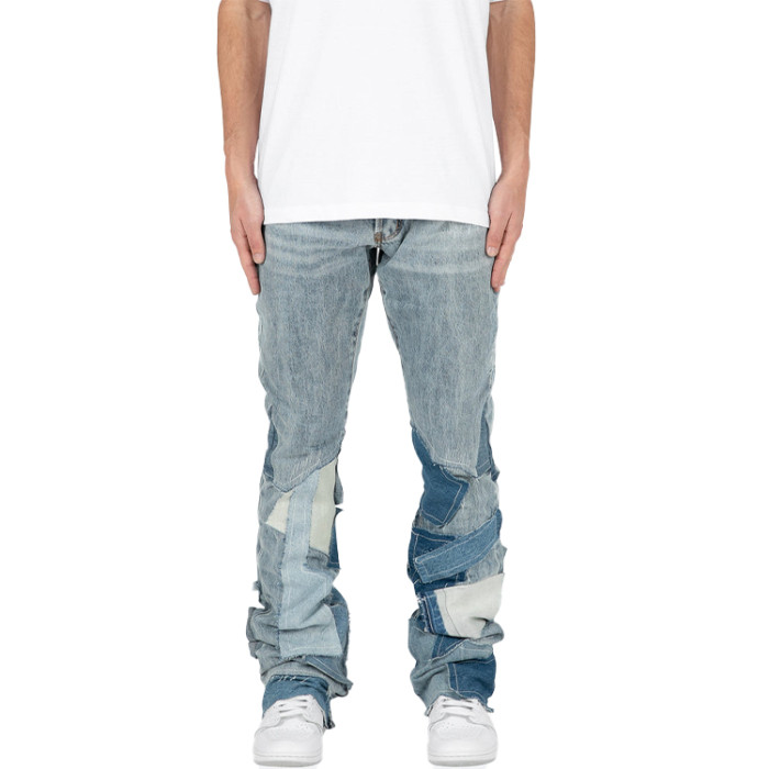 Custom men's flare jeans baggy straight leg contrast fabric patch bottom trouser stacked jeans