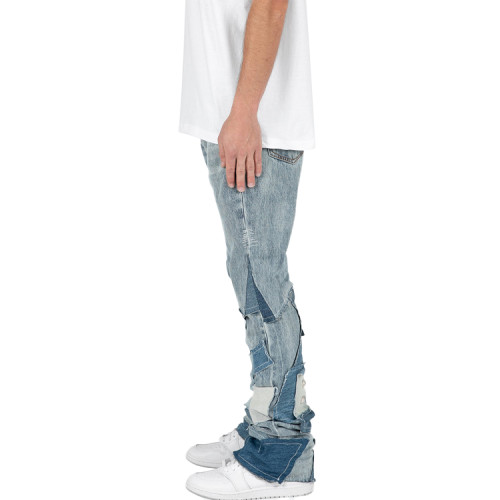 Pants manufacturer | Men's baggy straight pants | Street patchwork pants | Blue denim wash pants