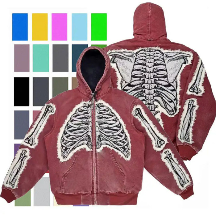 Custom zip up hoodies jacket vintage wash oversized cotton acid wash woven tapestry skeleton hoodie