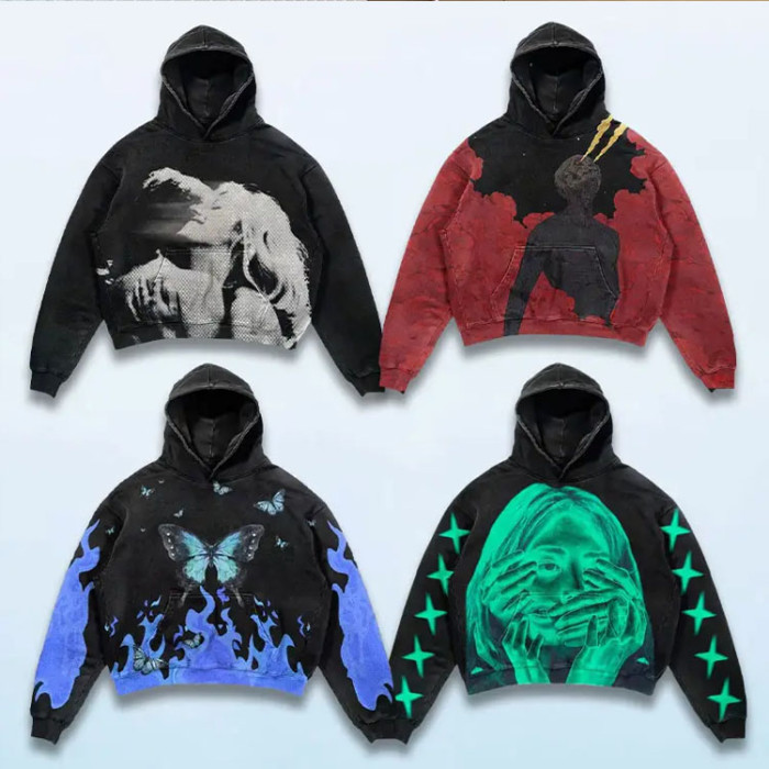 Custom mens acid washed hoodie sublimation graphic printing heavyweight hoodies pullover sweatshirts