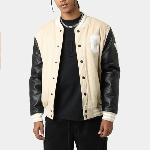 Custom hot selling embroidered logo leather sleeves bomber varsity jacket with front slash pockets