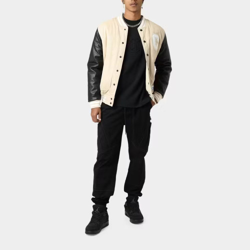 Custom hot selling embroidered logo leather sleeves bomber varsity jacket with front slash pockets