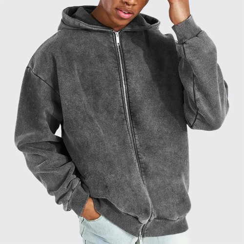 Custom men oversized vintage hoodie stringless drop shoulder zip up cotton gray acid wash hoodies